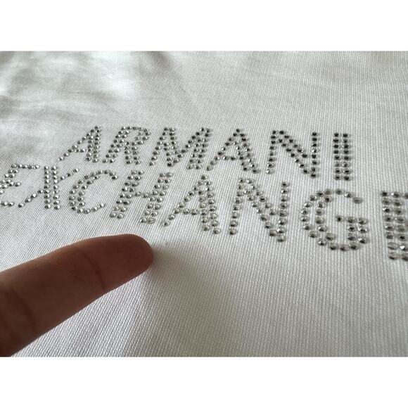 Armani Exchange Crop Sweatshirt White Crystal Rhinestone Spellout XS - Picture 5 of 9